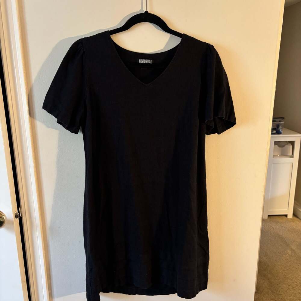 Nicole Miller Original Black Linen Blend Puff Sleeve V-Neck Dress Size S